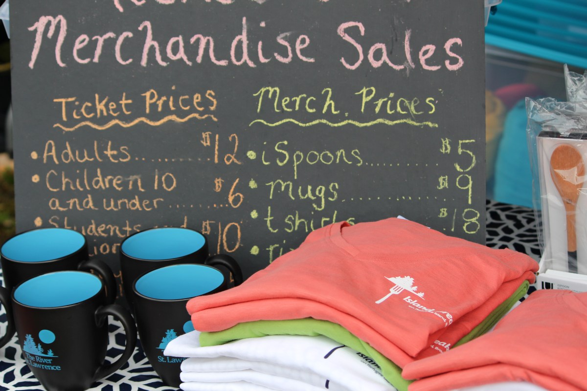 Sign telling the ticket and merchandise prices for Island Breakfast